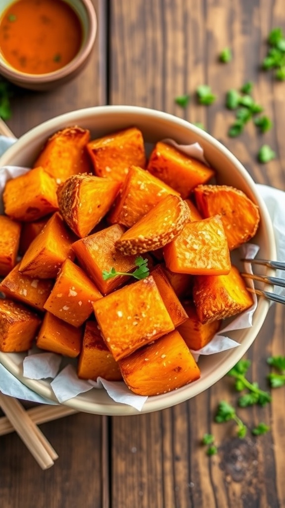 Crispy air fryer Japanese sweet potatoes served in a bowl, garnished with herbs and salt.